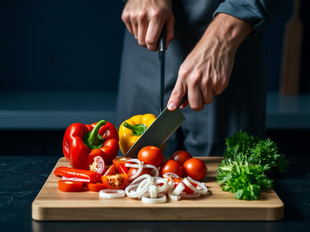 Picando vegetales en tabla de acero